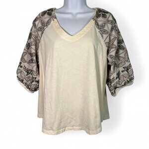 Cupio Embroidered Floral Bubble Sleeve Cream Blouse